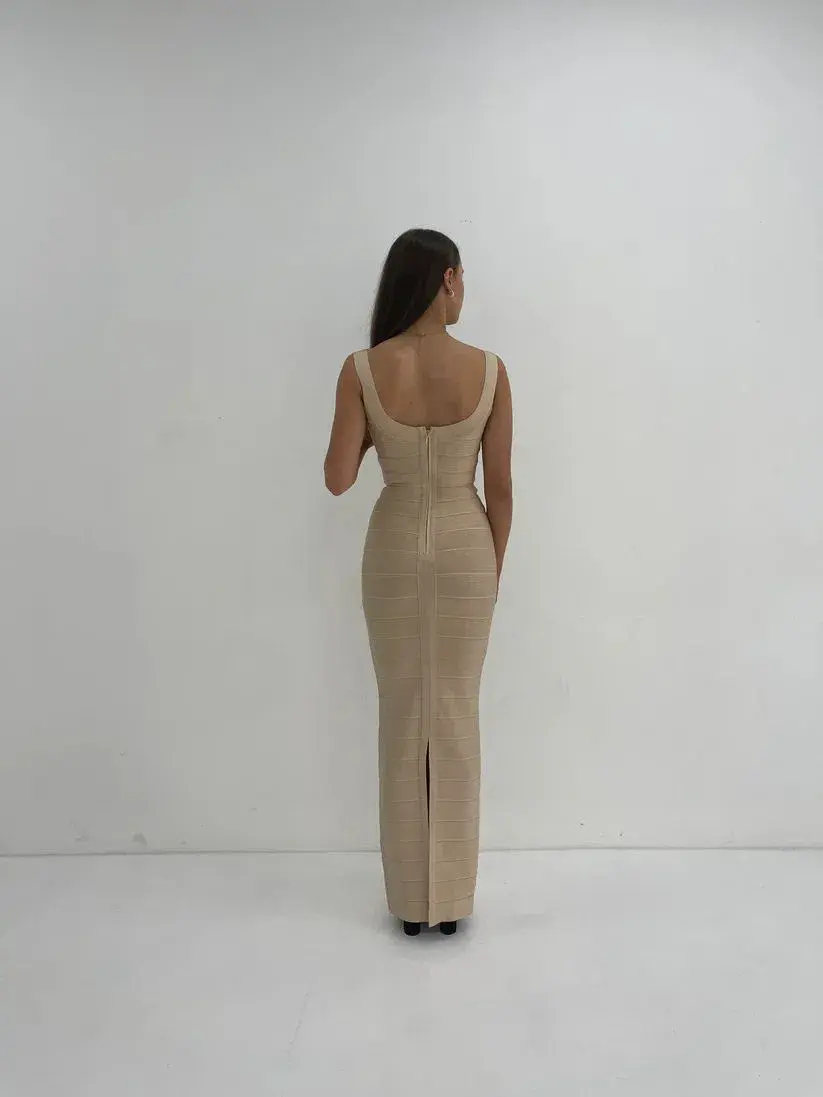 Hervé Léger Round Neck Gown in Beige Size XS/AU6 for rent on The Volte - main image