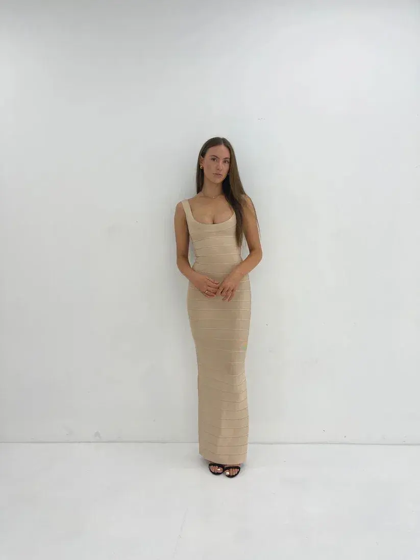 Hervé Léger Round Neck Gown in Beige Size XS/AU6 for rent on The Volte - main image