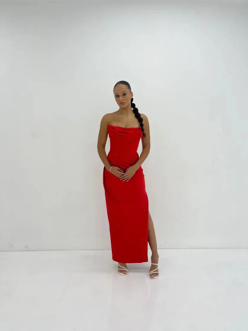 House of CB Adrienne Satin Strapless Gown in Scarlett Size S/AU8 for rent on The Volte - main image