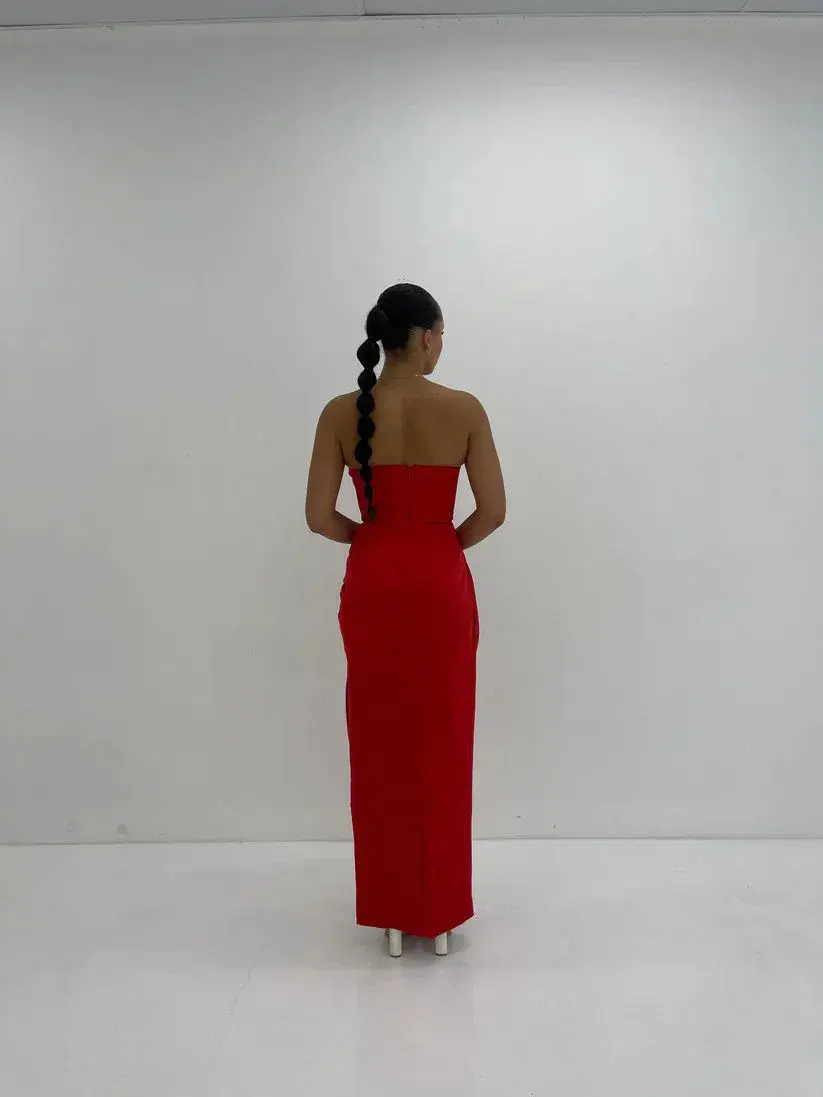 House of CB Adrienne Satin Strapless Gown in Scarlett Size S/AU8 for rent on The Volte - main image