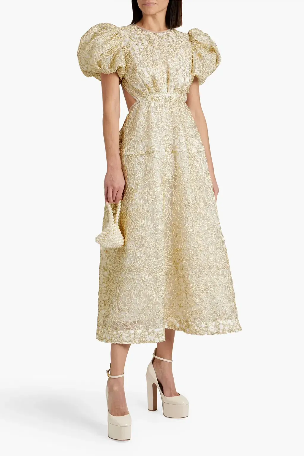 Aje Patina Lace Midi Dress Gold Size AU 16 for rent on The Volte - main image