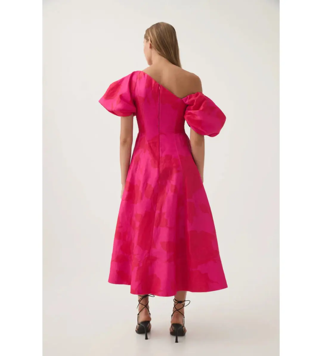 Aje Arista Tulip Sleeve Midi Dress in Florescent Rose Size AU 8 for rent on The Volte - main image
