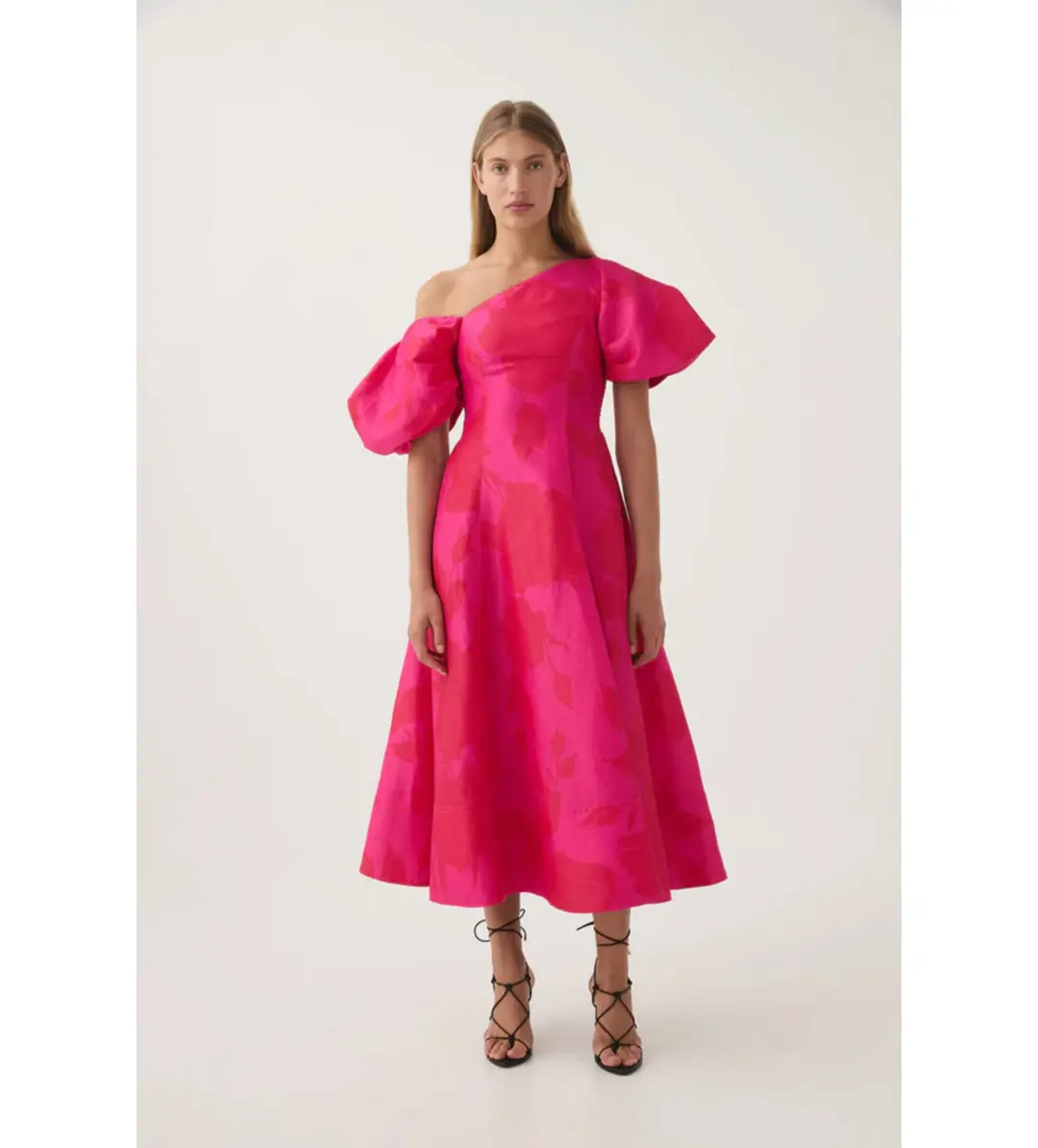 Aje Arista Tulip Sleeve Midi Dress in Florescent Rose Size AU 8 for rent on The Volte - main image