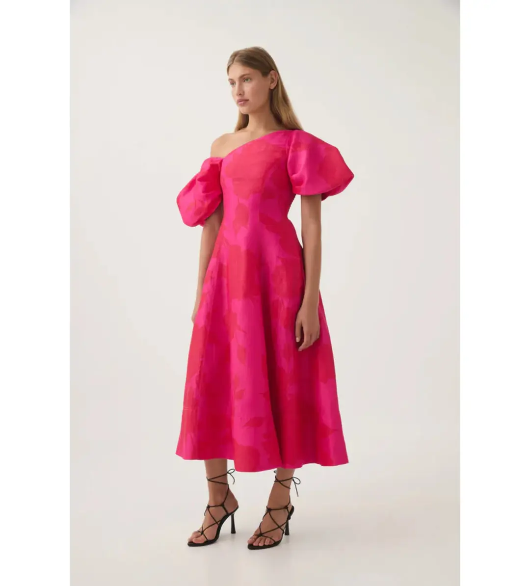 Aje Arista Tulip Sleeve Midi Dress in Florescent Rose Size AU 8 for rent on The Volte - main image