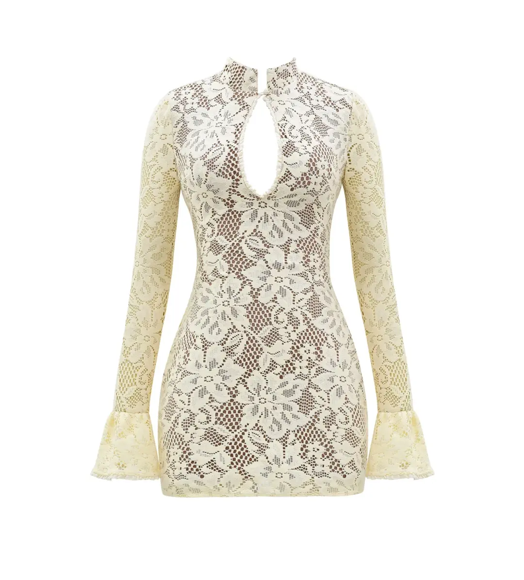House of CB Brianna Keyhole Lace Longer Mini Dress in Buttermilk in Size S / AU 8 for rent on The Volte - main image