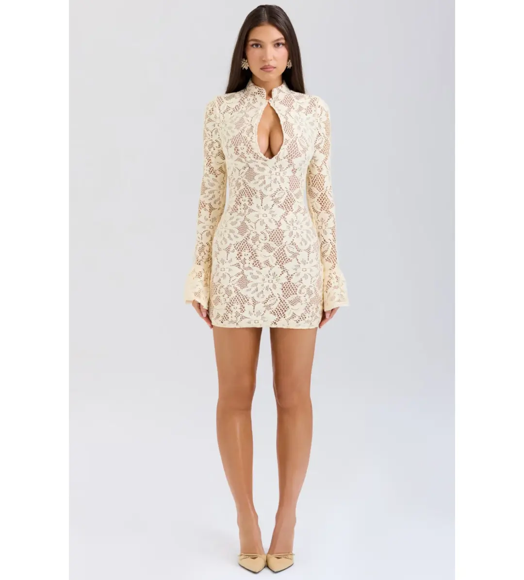 House of CB Brianna Keyhole Lace Longer Mini Dress in Buttermilk in Size S / AU 8 for rent on The Volte - main image