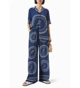 Alemais Oceane Silk Shirt and Pant Set Navy Print Size AU 8