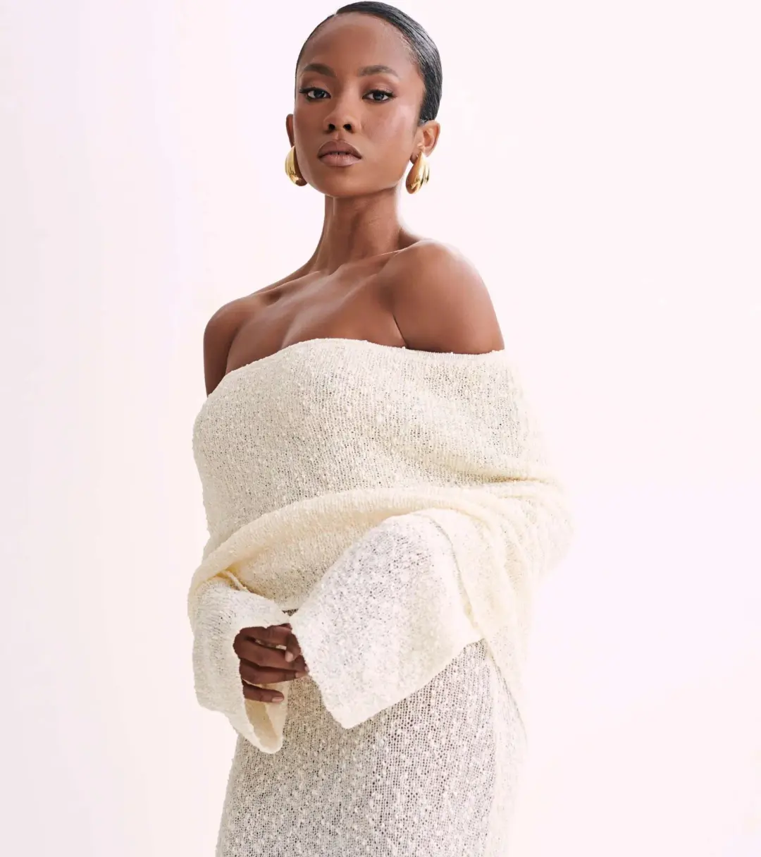 Meshki Marisol Off Shoulder Boucle Maxi Dress Cream Size 3XL / AU 18 for rent on The Volte - main image