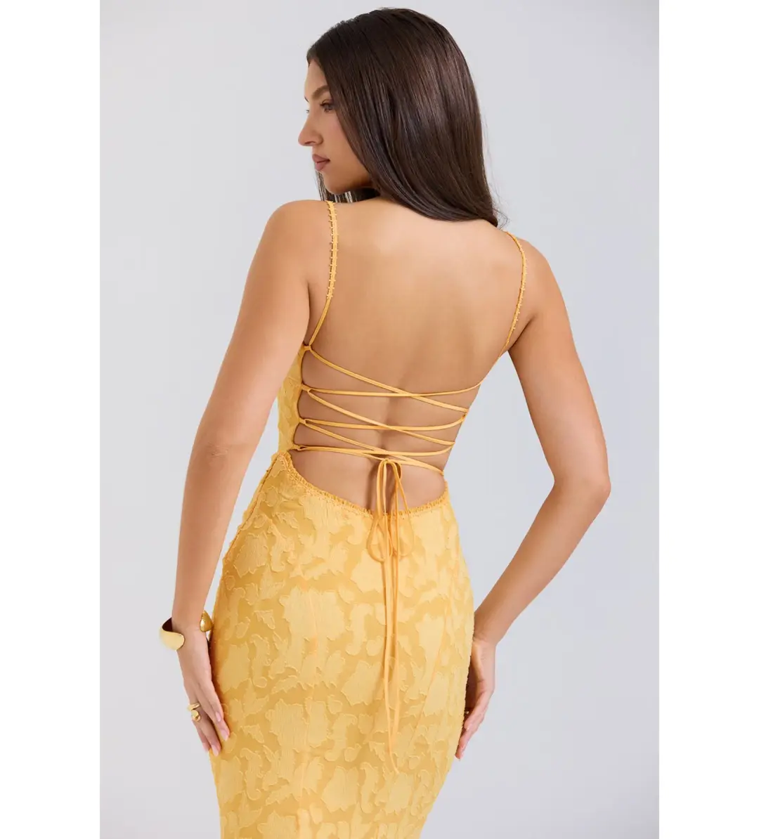 House of CB Joan Lace Up Back Maxi Dress Apricot Size XS/AU 6 for rent on The Volte - main image