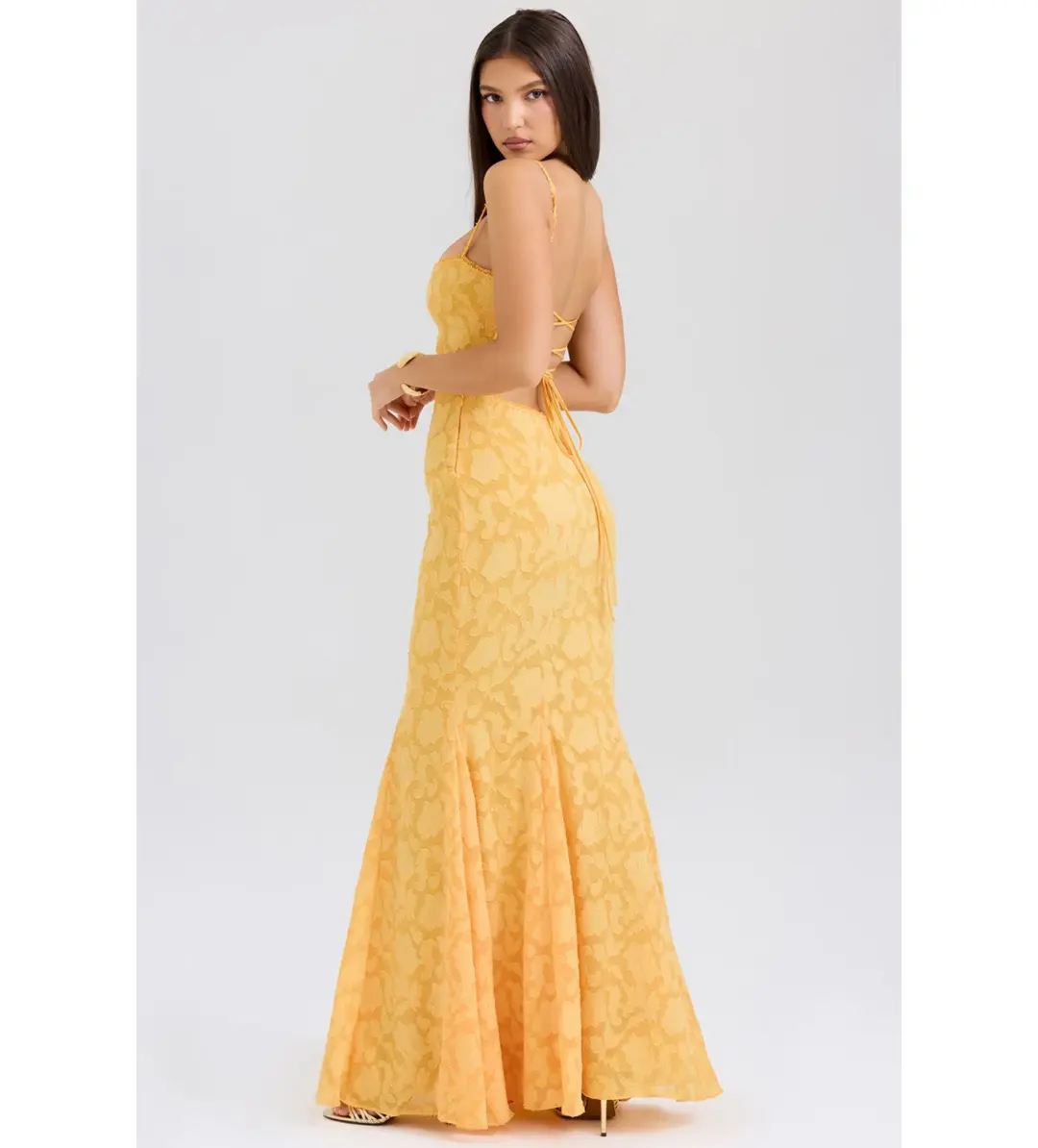 House of CB Joan Lace Up Back Maxi Dress Apricot Size XS/AU 6 for rent on The Volte - main image