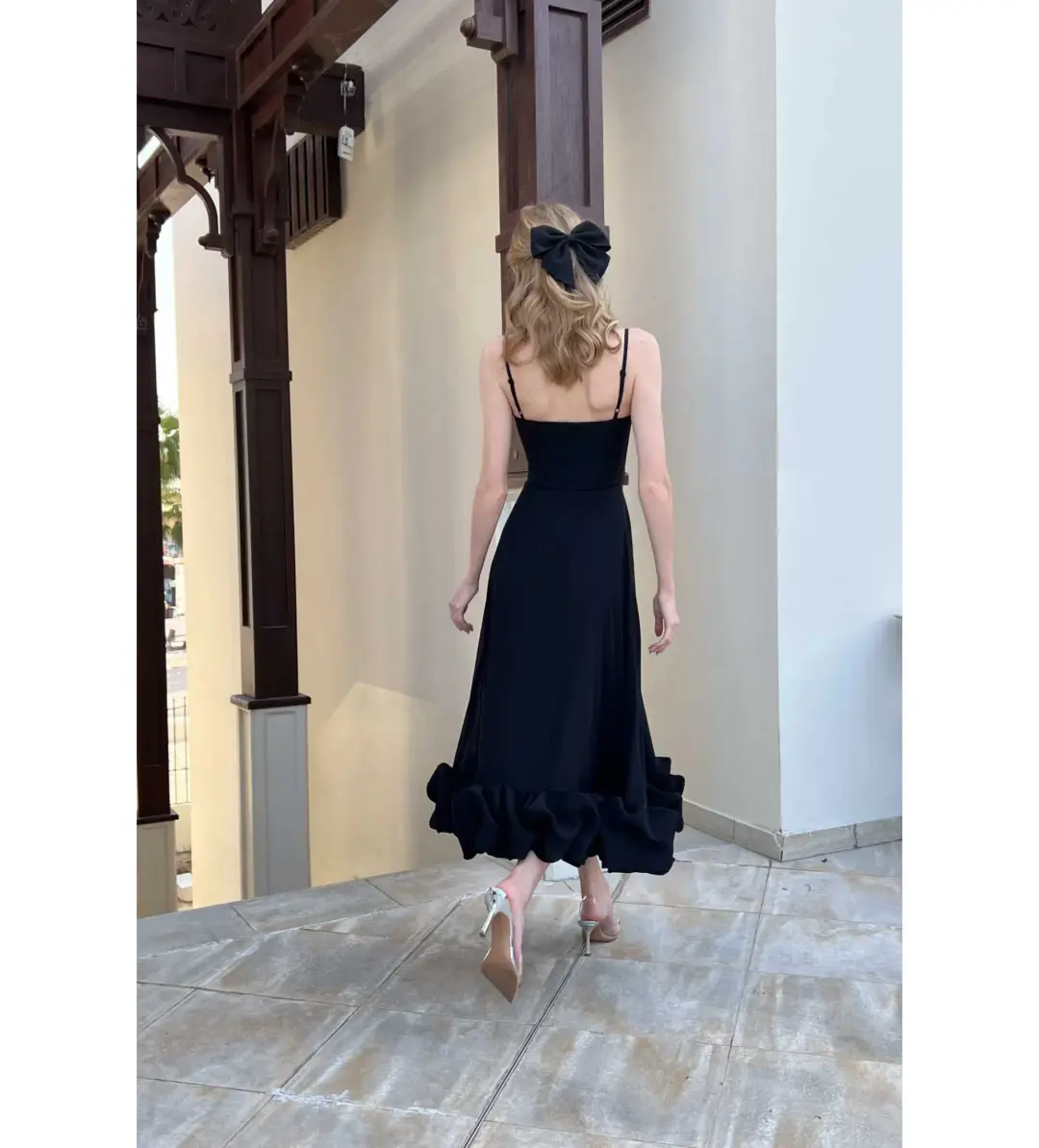 Post Meridiem Flounce Bustier Midi Dress in Deep Black Size XS / AU 6 for rent on The Volte - main image