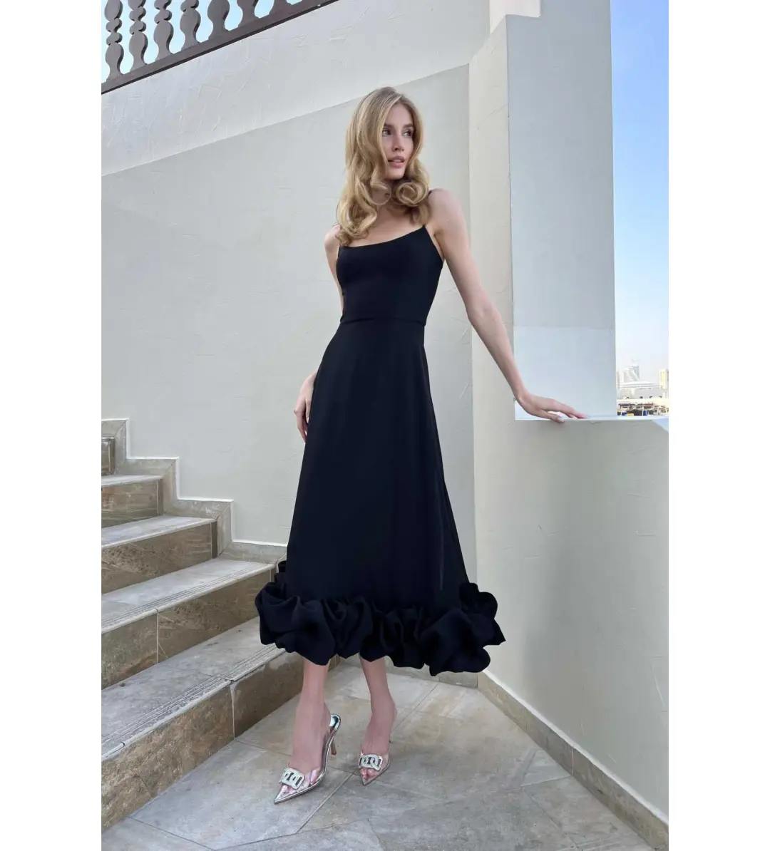 Post Meridiem Flounce Bustier Midi Dress in Deep Black Size XS / AU 6 for rent on The Volte - main image