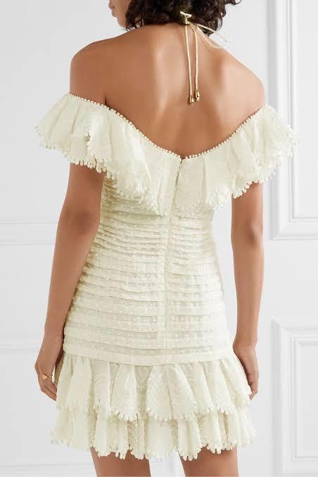 Zimmermann Super Eight Off The Shoulder Ruffled Pleated Mini Dress Ivory Size 0 / AU 8 for rent on The Volte - main image
