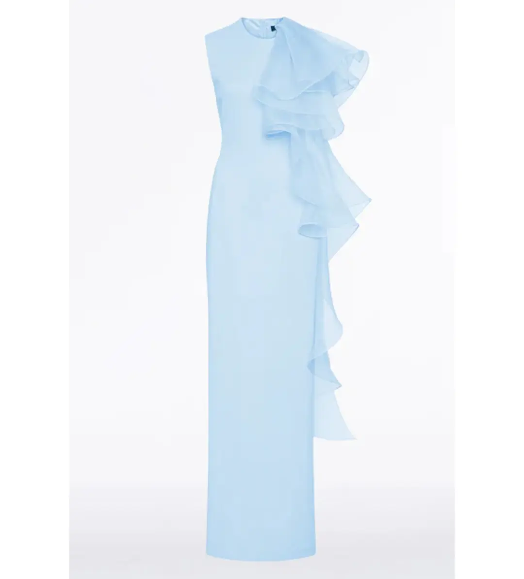 Carla Zampatti Pale Blue Crepe Ruffle Shoulder Maxi Gown Size 8 for rent on The Volte - main image