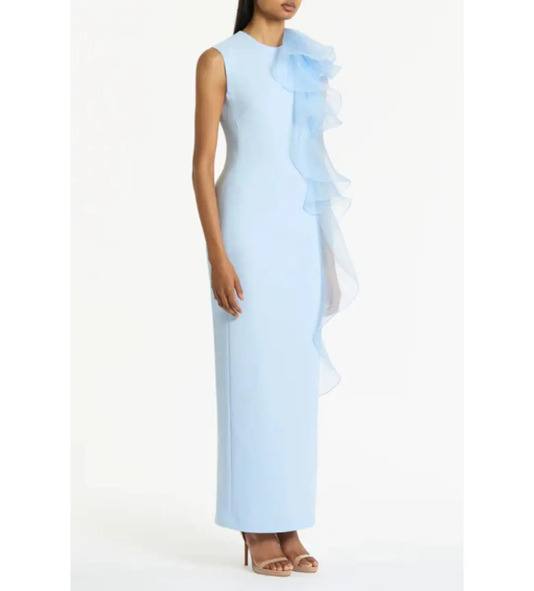 Carla Zampatti Pale Blue Crepe Ruffle Shoulder Maxi Gown Size 8 for rent on The Volte - main image