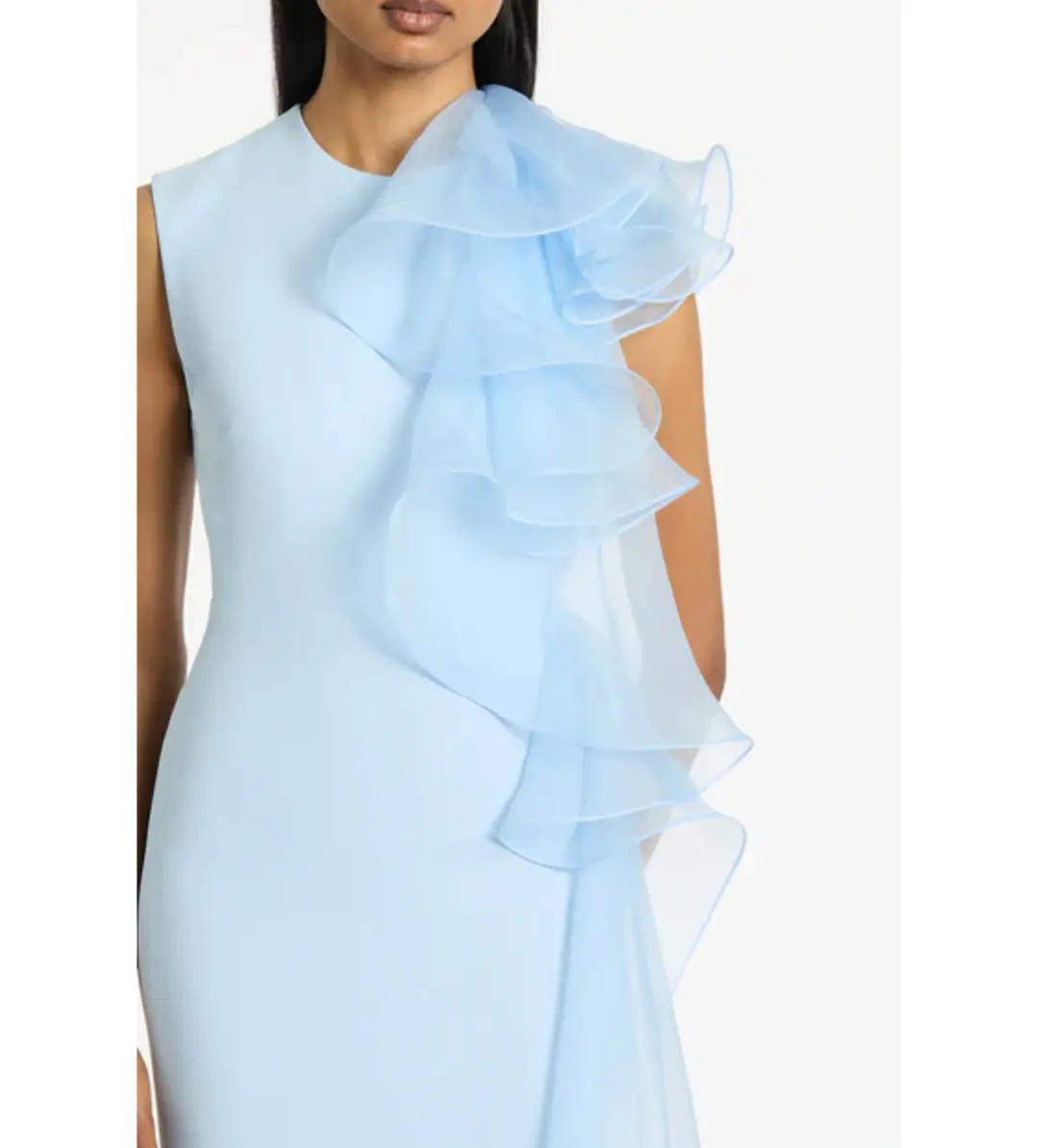 Carla Zampatti Pale Blue Crepe Ruffle Shoulder Maxi Gown Size 8 for rent on The Volte - main image