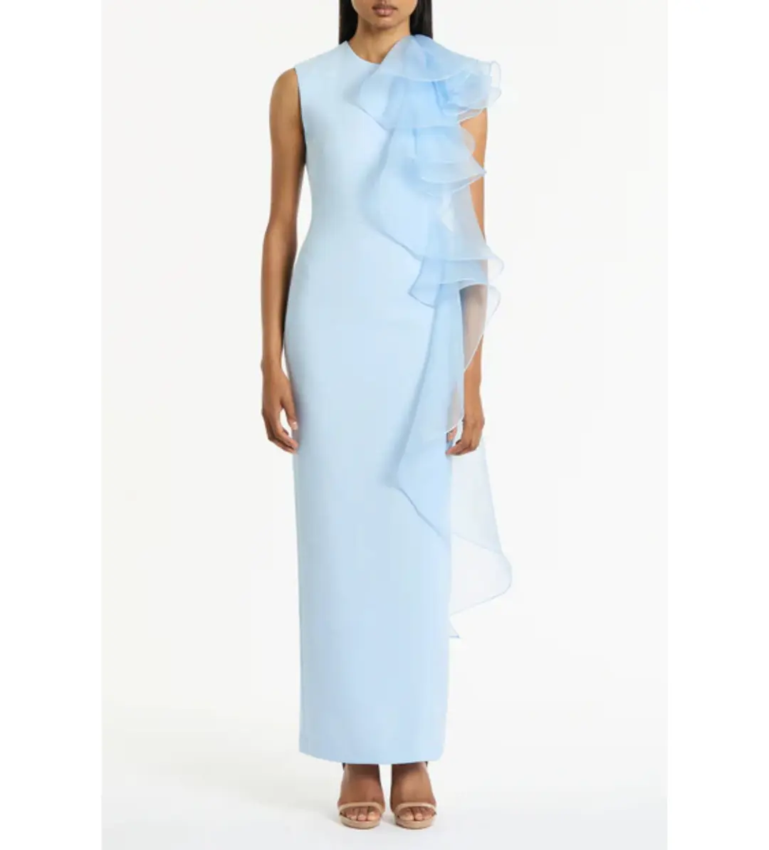 Carla Zampatti Pale Blue Crepe Ruffle Shoulder Maxi Gown Size 8 for rent on The Volte - main image