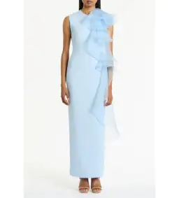 Carla Zampatti Pale Blue Crepe Ruffle Shoulder Maxi Gown Size 8 for rent on The Volte - image 1