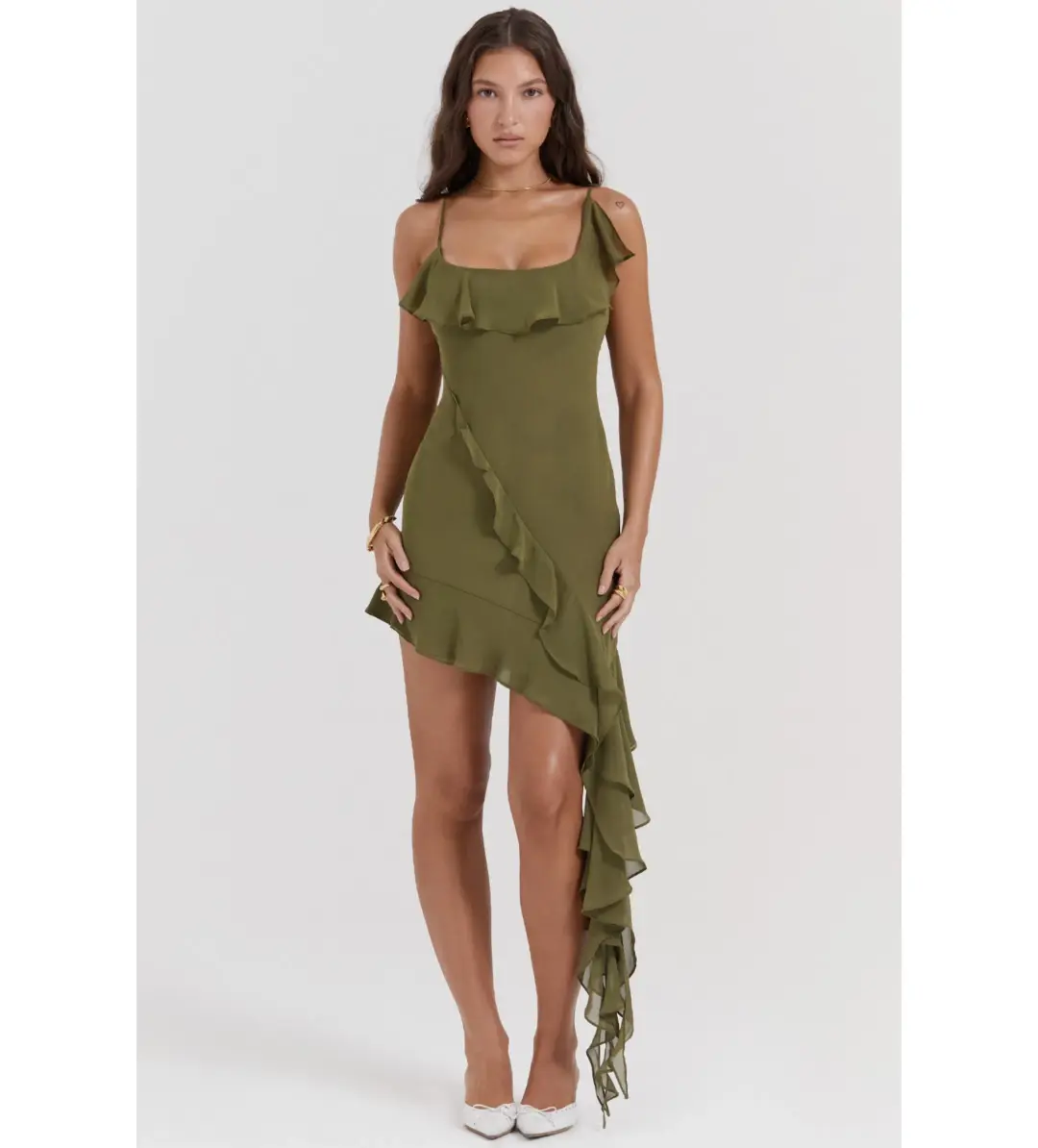 House Of Cb Mercia Ruffle Mini Dress Olive Size M /Au 10 for rent on The Volte - main image
