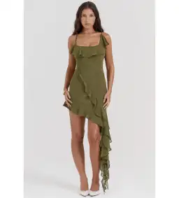 House Of Cb Mercia Ruffle Mini Dress Olive Size M /Au 10 for rent on The Volte - image 1