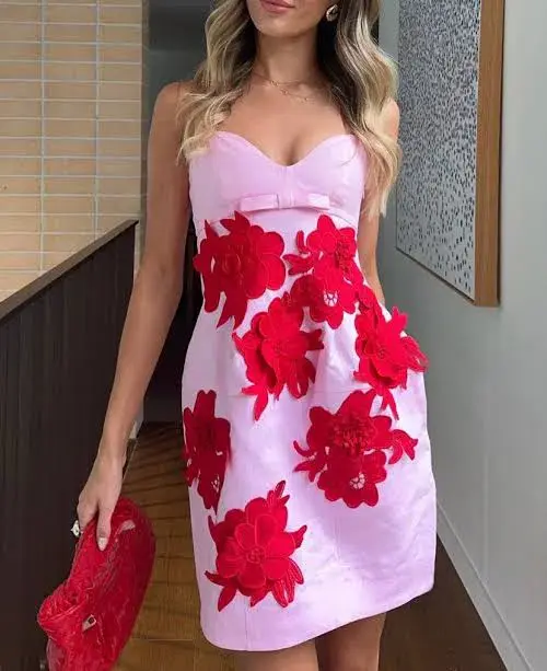 Oroton Contrast 3d Flower Mini Dress Poppy Pink Small Size 8 for rent on The Volte - main image