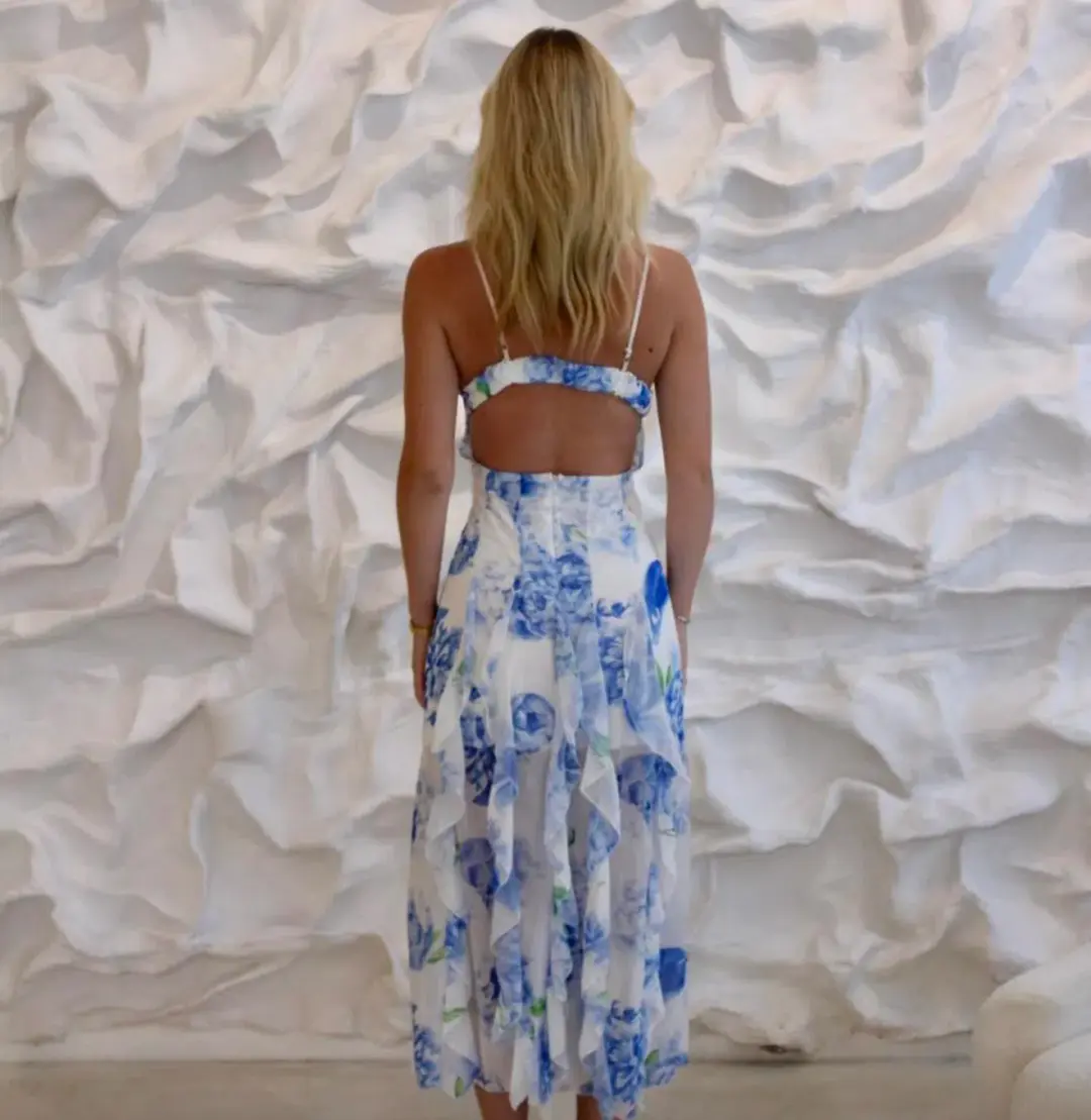 Bella Barnett Blue Ruffle Maxi Dress Floral Size 8 for rent on The Volte - main image