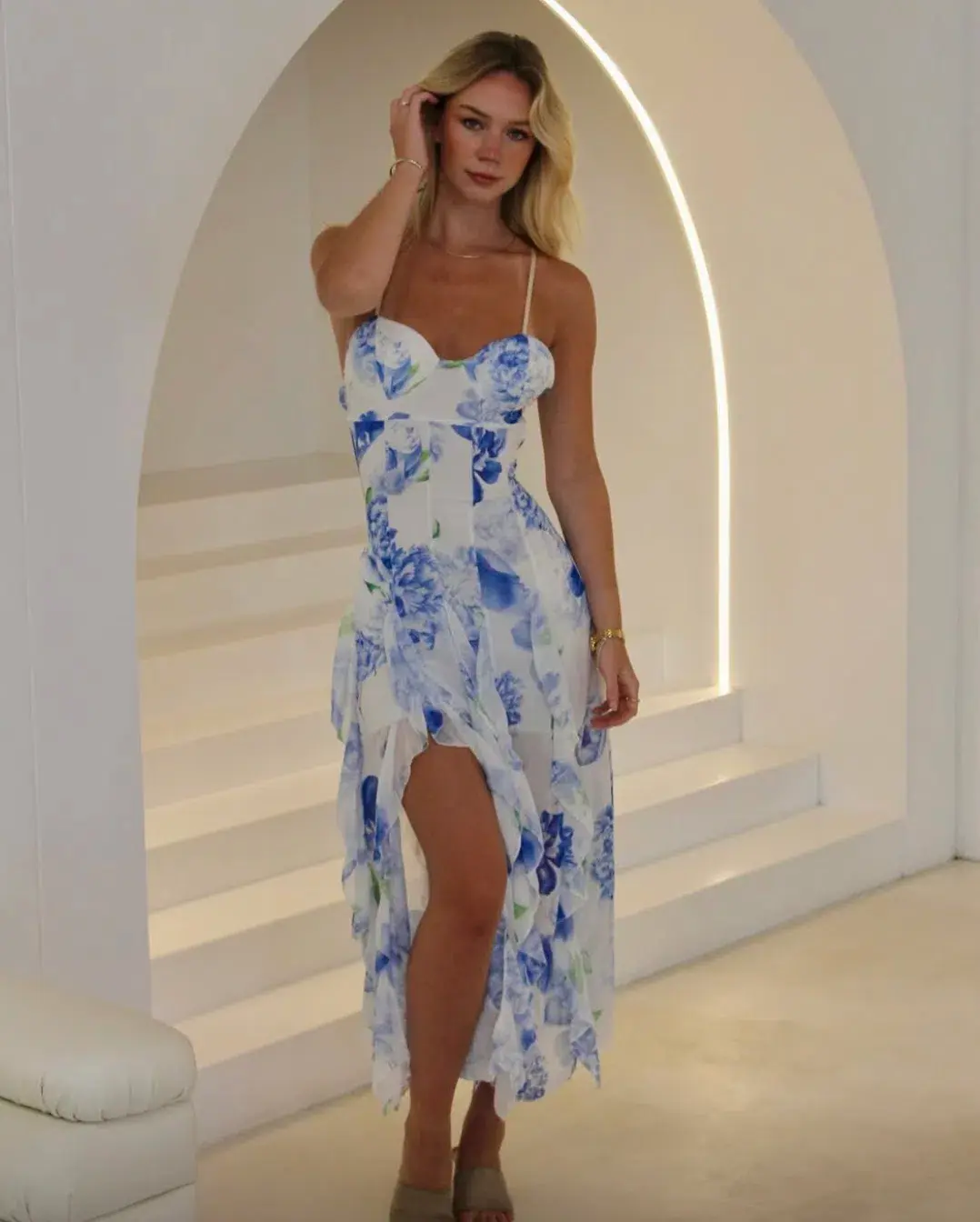 Bella Barnett Blue Ruffle Maxi Dress Floral Size 8 for rent on The Volte - main image