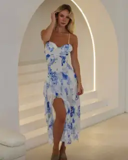 Bella Barnett Blue Ruffle Maxi Dress Floral Size 8 for rent on The Volte - image 1