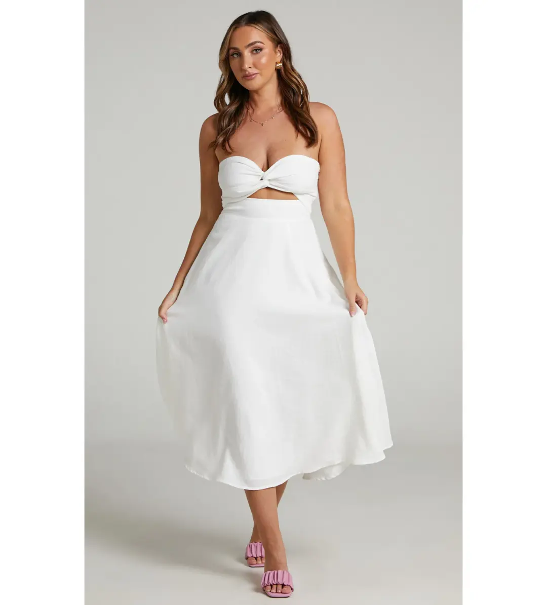 Avie Midi Dress Twist Strapless Cocktail Dress in Off-White Size 12 for rent on The Volte - main image