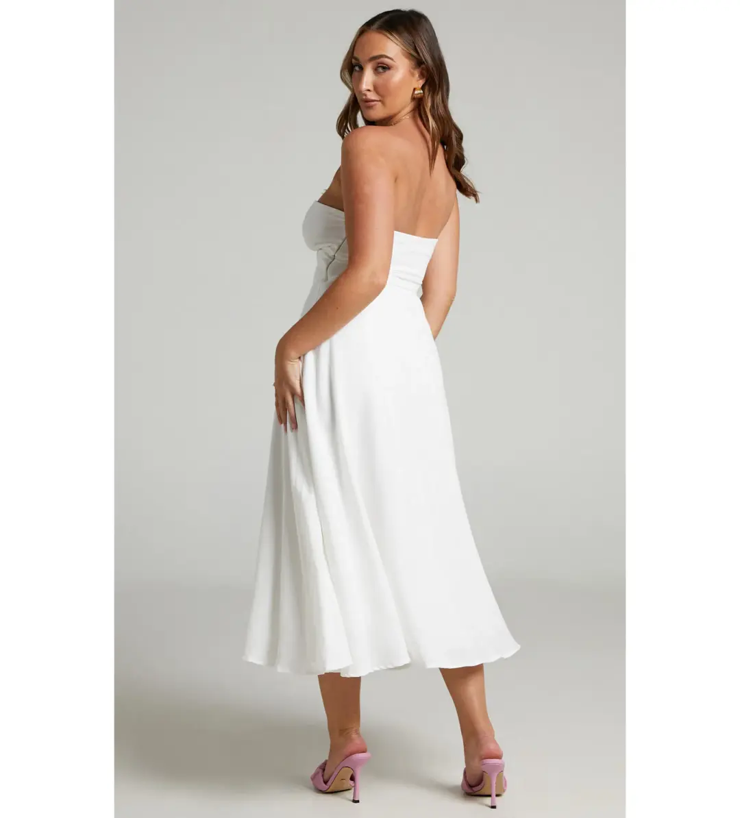 Avie Midi Dress Twist Strapless Cocktail Dress in Off-White Size 12 for rent on The Volte - main image
