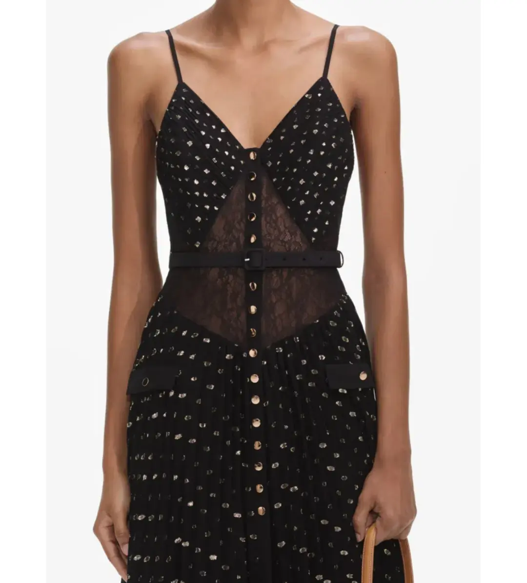 Self Portrait Black and Gold Chiffon Maxi Dress Size AU 8 for rent on The Volte - main image