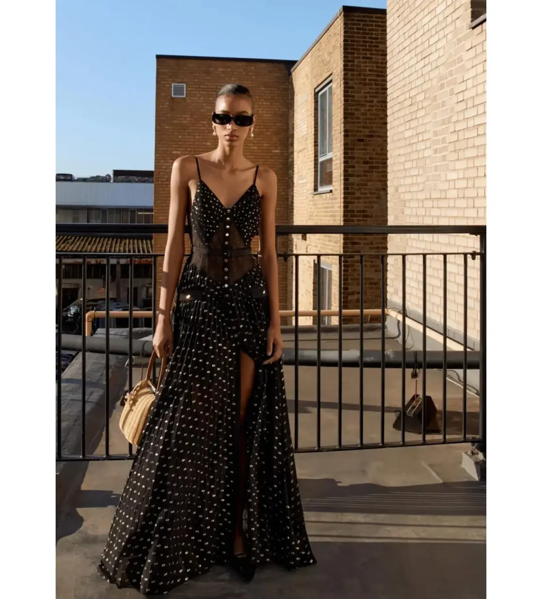 Self Portrait Black and Gold Chiffon Maxi Dress Size AU 8 for rent on The Volte - main image