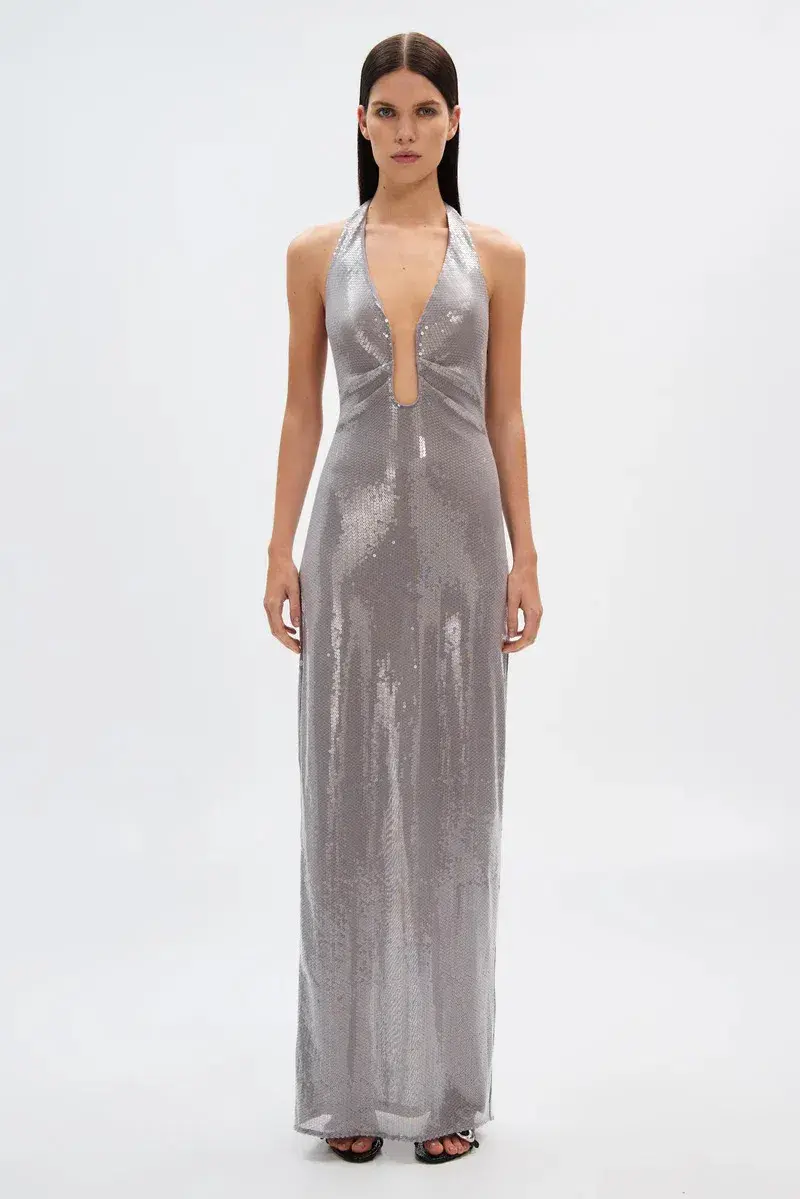 Misha The Alusia Maxi Dress Silver Sequin Size 8 for rent on The Volte - main image
