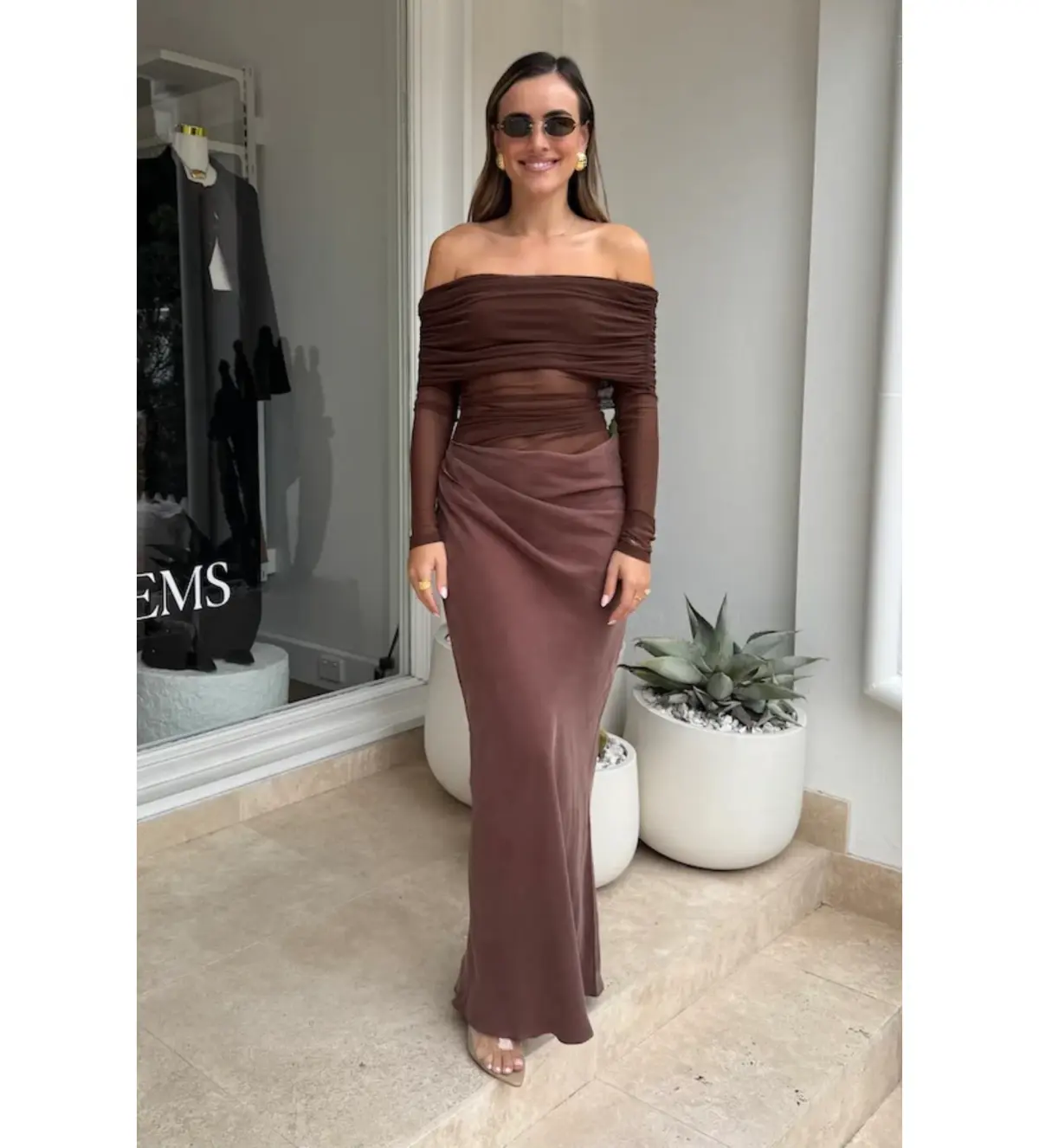 Benni Yasmin Off Shoulder Dress in Chocolate Size AU 8 - Image 1