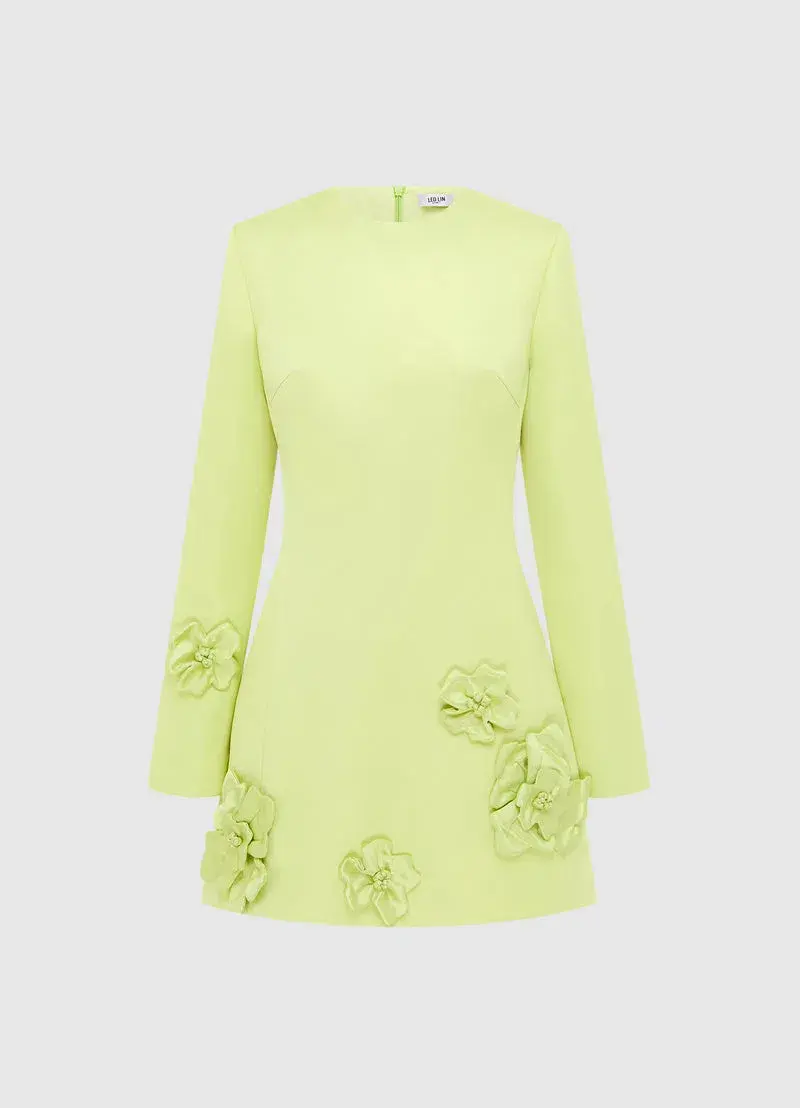 Leo Lin Aliza Long Sleeve Petal Mini Dress Chartreuse Size AU 12 for rent on The Volte - main image