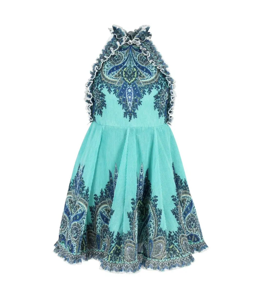 Zimmermann Moncur Ruffle Neck Mini Dress Pinafore Aqua Paisley Size 0P / AU 6 for rent on The Volte - main image
