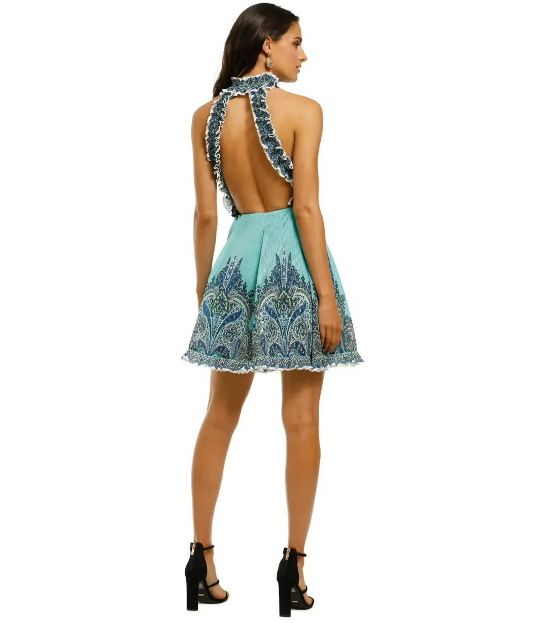 Zimmermann Moncur Ruffle Neck Mini Dress Pinafore Aqua Paisley Size 0P / AU 6 for rent on The Volte - main image