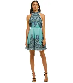 Zimmermann Moncur Ruffle Neck Mini Dress Pinafore Aqua Paisley Size 0P / AU 6 for rent on The Volte - image 1