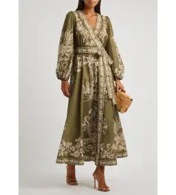 Zimmermann Anneke Floral-print Cotton Wrap Dress Olive Size 4/Au 16 for rent on The Volte - image 1