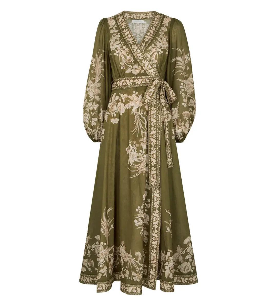 Zimmermann Anneke Floral-print Cotton Wrap Dress Olive Size 4/Au 16 for rent on The Volte - main image