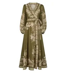 Zimmermann Anneke Floral-print Cotton Wrap Dress Olive Size 4/Au 16 for rent on The Volte - image 2