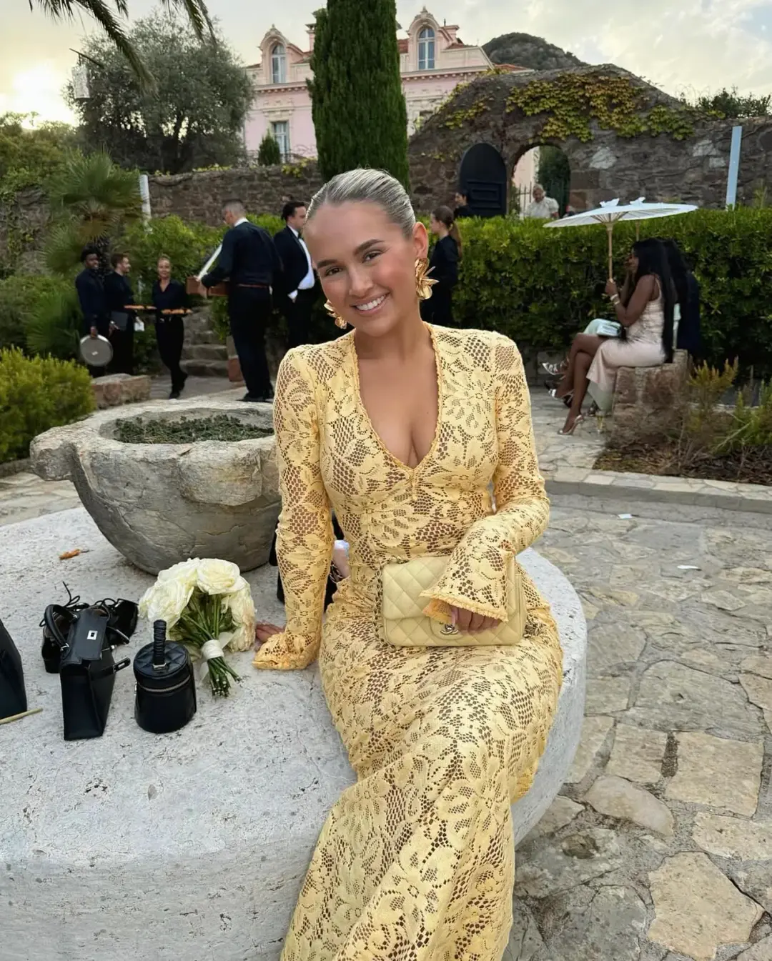 House Of CB Indiana Plunge Lace Maxi Dress Apricot Yellow Size XS / AU 6 for rent on The Volte - main image