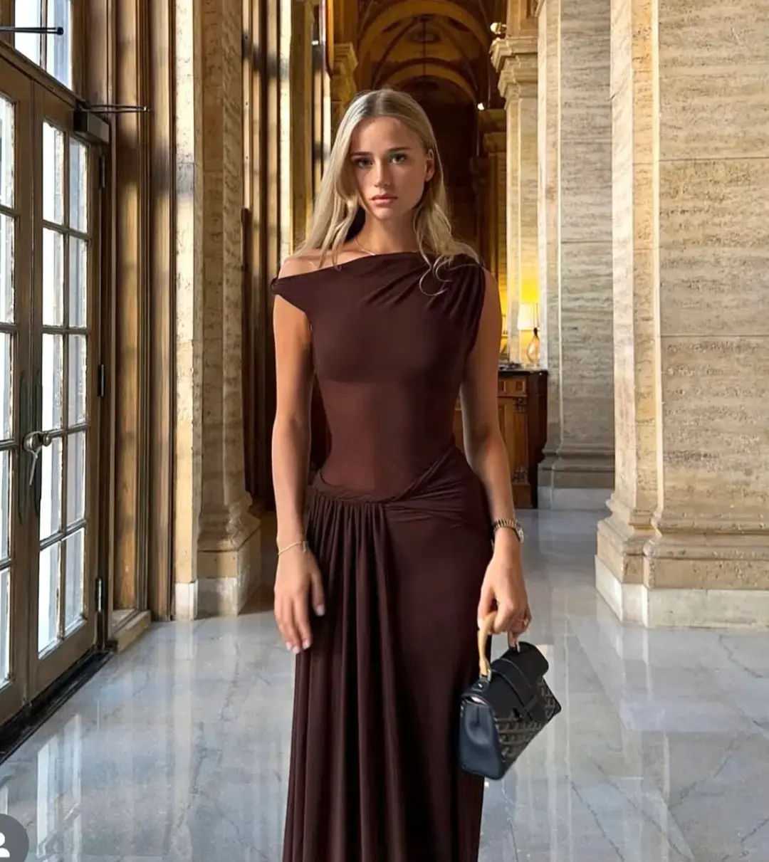 MISHA Sisal Mesh Dress Espresso Size 6/XS for rent on The Volte - main image