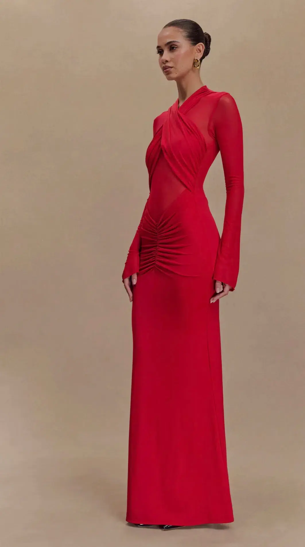 Meshki Tania Slinky And Mesh Long Sleeve Maxi Dress in Red Size 6 for rent on The Volte - main image