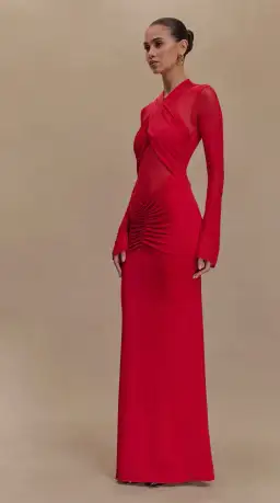 Meshki Tania Slinky And Mesh Long Sleeve Maxi Dress in Red Size 6 for rent on The Volte - image 2