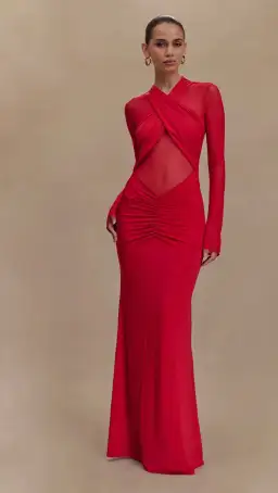 Meshki Tania Slinky And Mesh Long Sleeve Maxi Dress in Red Size 6 for rent on The Volte - image 1