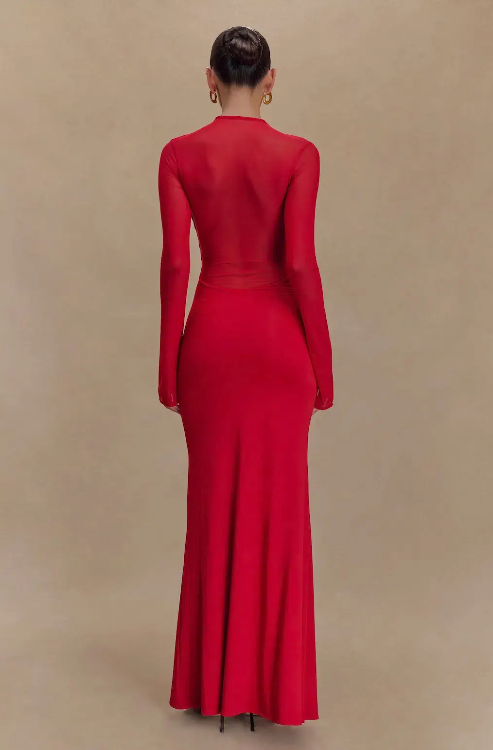 Meshki Tania Slinky And Mesh Long Sleeve Maxi Dress in Red Size 6 for rent on The Volte - main image