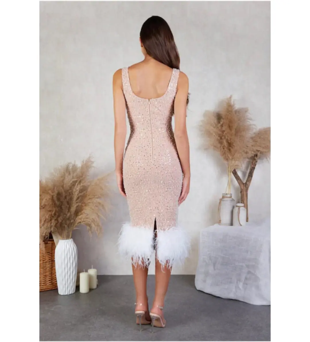 Nadine Merabi Lulu Embellished Feather Trim Midi Dress In White Size XL/AU 16 for rent on The Volte - main image