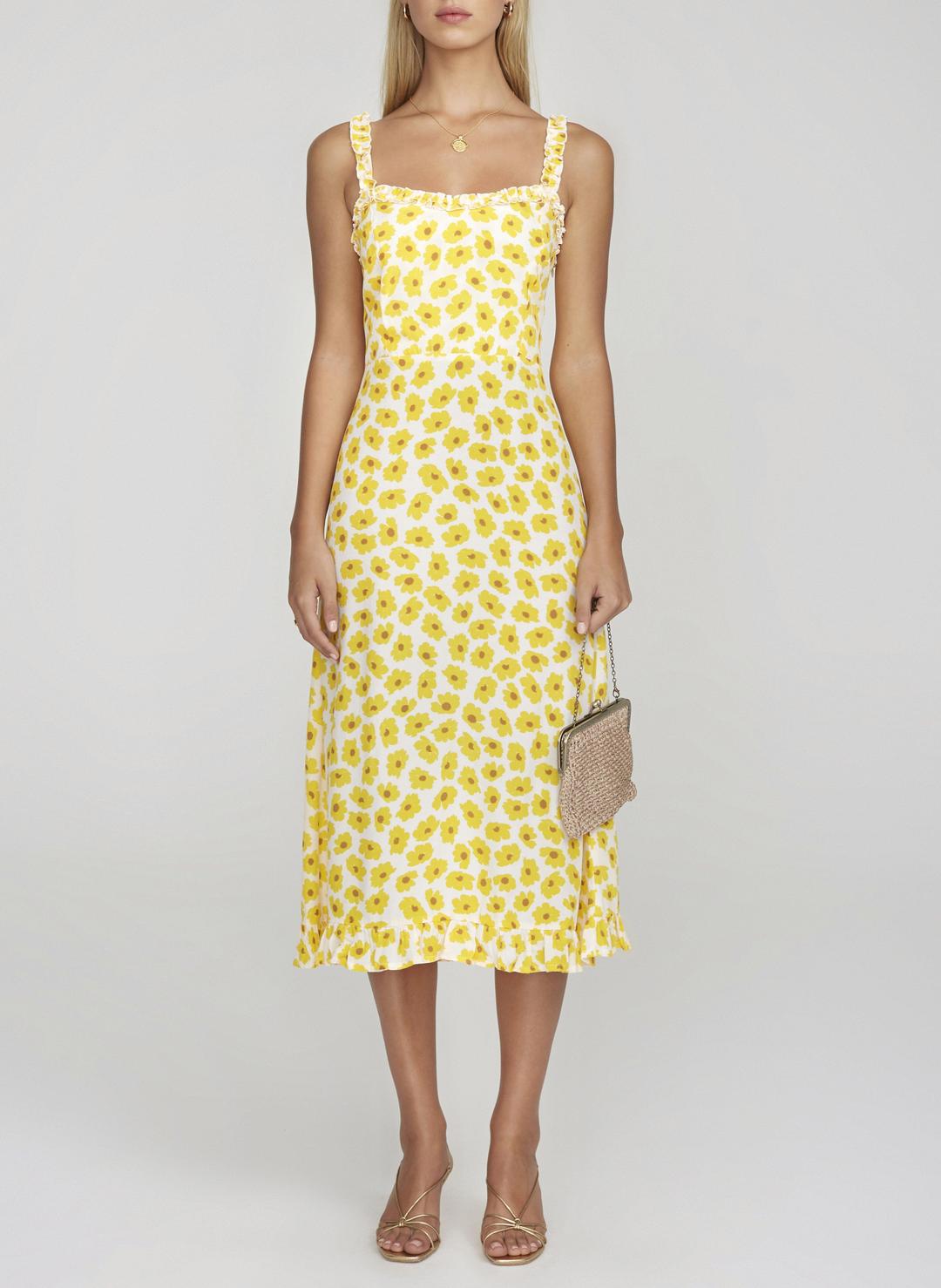 Faithfull the Brand Noemie Midi Dress Constance Floral Print Marigold Size 8 for rent on The Volte - main image