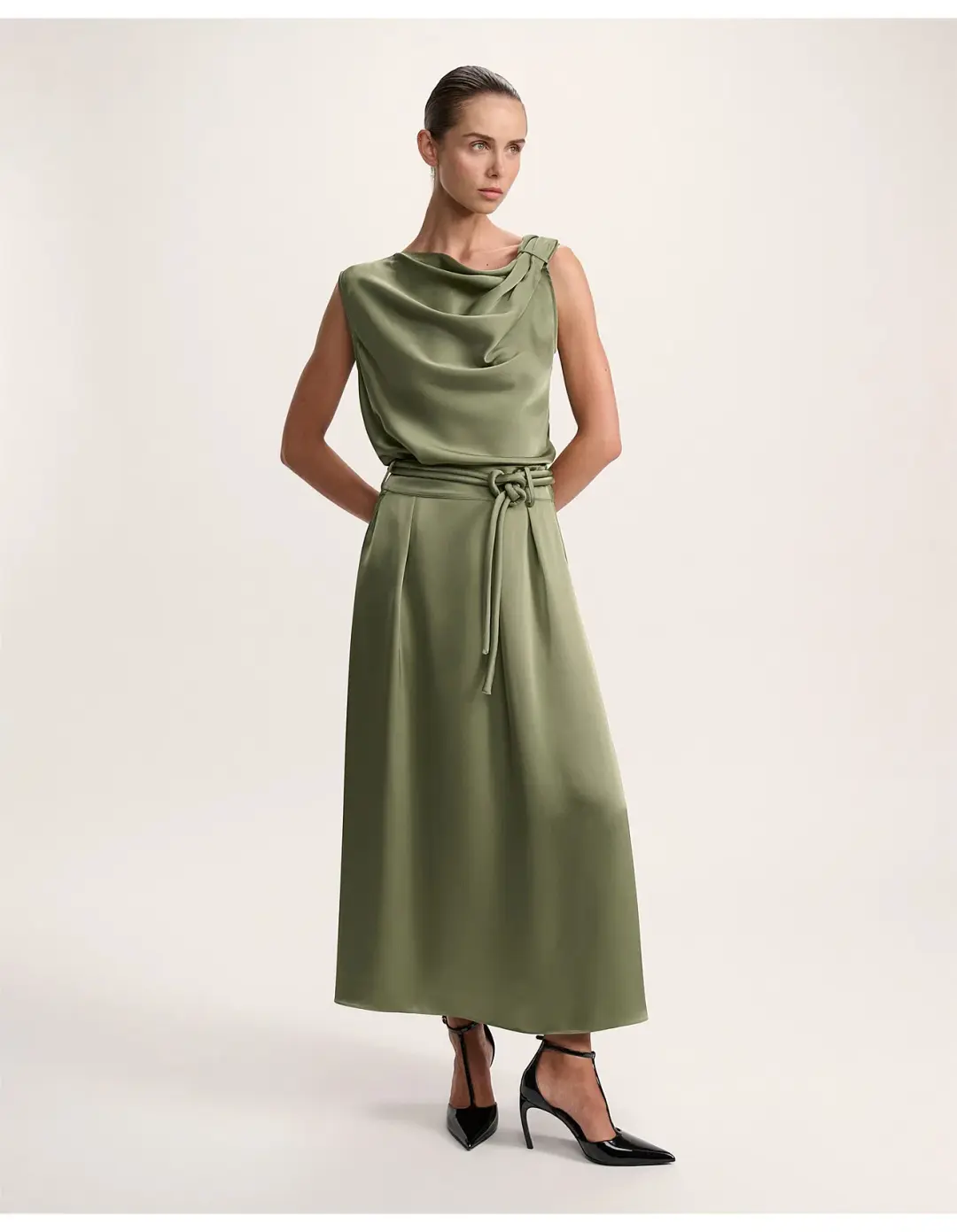Saba Jayde Belted Midi Skirt Olive Green Size AU 6 for rent on The Volte - main image